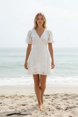 Lulus Flutter Forever White Burnout Jacquard Flutter Sleeve Mini Dress, Size Med